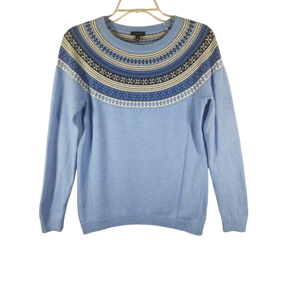 Talbots Women S Blue Fair Isle Cotton Cashmere Sweater Nordic Preppy Hygge Ski